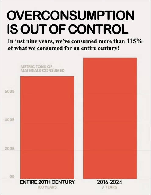 Graphic says: "Overconsumption is out of control." Bar graphs show that over a short period of just nine years, from 2016 to 2024, the global economy consumed 873 billion tons of materials — or more than 115% of what was consumed in the entire 20th century. 