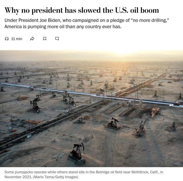 Screenshot from top of linked article. Headline says: "Why no president has slowed the U.S. oil boom." Below this is a photo of numerous oil wells in California.