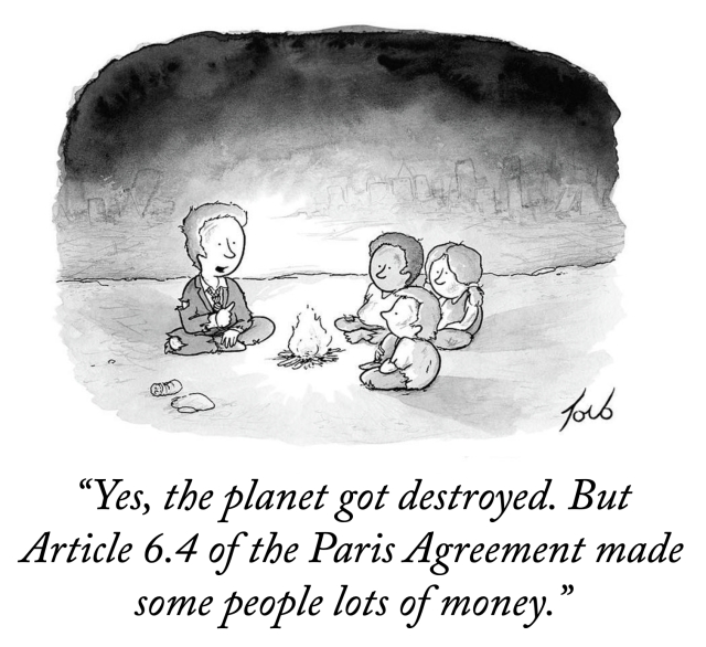 Cartoon of three children sitting by a campfire, with an adult telling them, "Yes, the planet got destroyed. But Article 6.4 of the Paris Agreement made some people lots of money."