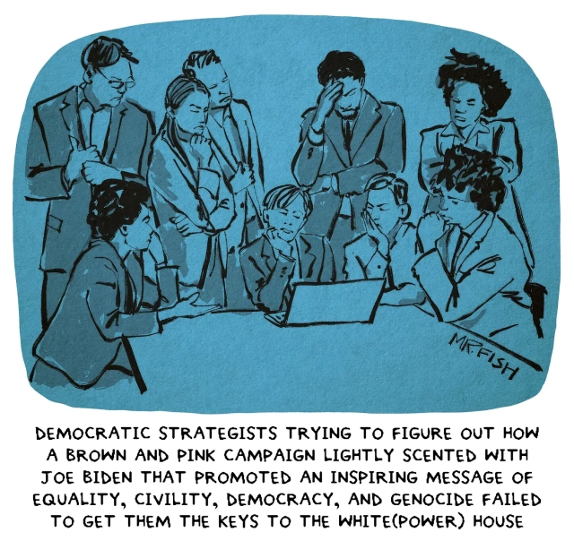 Political cartoon by Mr. Fish. A drawing of several people, men and women, frowning as they gather around a laptop, looking intently at the screen, apparently trying to understand what happened. Caption says: "Democratic strategists trying to figure out how a brown and pink campaign lightly scented with Joe Biden that promoted an inspiring message of equality, civility, democracy, and genocide, failed to get them the keys to the White (Power) House."