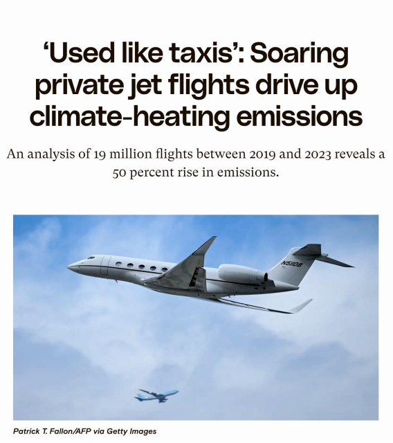 Screenshot from top of linked article. Headline says: "Used like taxis – soaring private jet flights drive up climate heating emissions." Below this is a photo of a luxurious private jet flying through the sky.