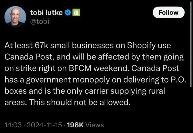 At least 67k small businesses on Shopify use Canada Post, and will be affected by them going on strike right on BFCM weekend. Canada Post has a government monopoly on delivering to P.O. boxes and is the only carrier supplying rural areas. This should not be allowed.