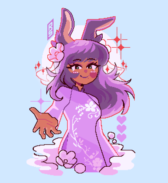 Smooth dress (cheongsam, ao dai type) fully purply clothed bunny girl - body in a small wisp of clouds and flowers, hearts, stars, on a gentle background. Portrait, droppy big ears dark purple, billowing long hair shades of purple, dress with a central floral stem motif light purple, smiling face at viewer, hand outreached in invitation, dark-skinned bunny lady friendly to you

Watermark 'RS' in diagonal rectangle close to the portrait