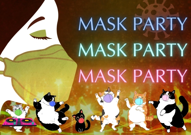 Art: a bunch of chonky cats in N95 masks dancing under the words MASK PARTY repeated three times