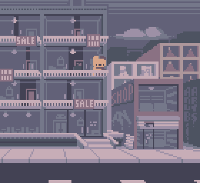 A Pixel Art Scene, featuring a character in a building staring at the street below, with various other buildings all around. It's beginning to turn into night, perfect time to stare at the surroundings.