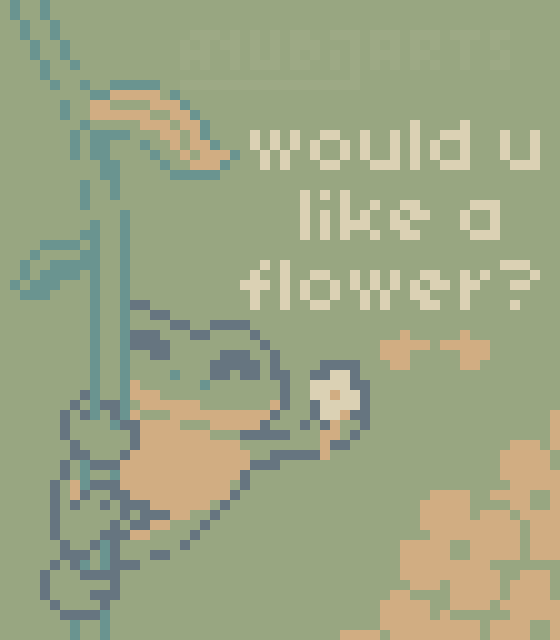 A Pixel Art featuring a frog, who's hanging onto a flower stem, extending their arm forward and offering you a flower. The text "Would you like a flower?" can be read next to the frog. Will you accept their gift?