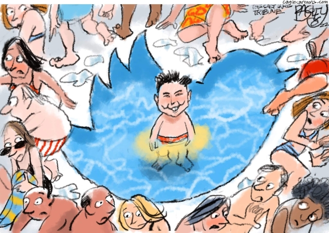 A caricature of Twitter dolt Elon Musk in a swimming pool shaped like the Twitter logo. Elon has urinated in the pool, and his fellow swimmers are fleeing in disgust.