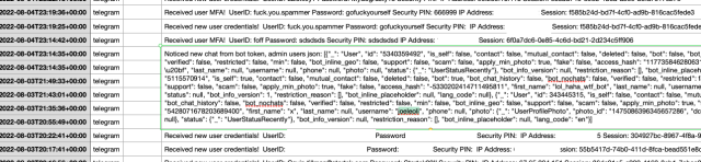 A text-heavy screenshot of a spreadsheet showing a lot of responses to SMS phishing attacks. Many of the responses were from people who knew it was a scam, and submitted data like "fuck.you.spammers" and fake passwords. Below that we can see a large blob of text that describes the various attributes of a Telegram account belonging to a user by the name "Joeleoli." Below Joeleoli's Telegram ID information are redacted responses from actual phishing victims.