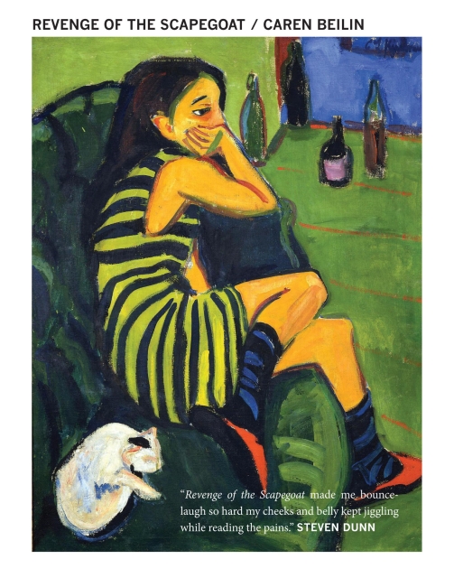 Cover of 'revenge of the scapegoat'. It's an oil painting from 1910 called 'female artist' by Ernst Ludwig Kirchner. A woman is sitting on a green sofa, a white cat next to her. She is looking out a window. In the windowsill there are four empty bottles. She has dark brown hair, a striped dress, striped socks and red slippers. She looks a little lethargic.