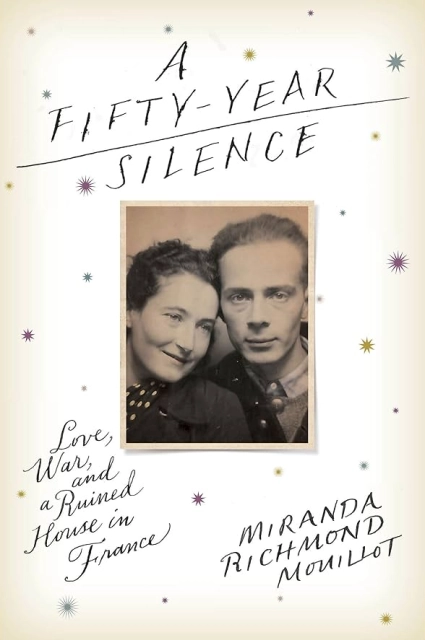 Cover of 'a fifty year silence'. It's an off-white color with tiny stars. In the middle there is an old black-and-white, slightly sepia, picture of the author's grandparents (Anna and Armand) from when they were young. On the right there is a man, he's looking towards the camera. On the left there is a woman, her head slightly skewed towards the man, her gaze going right from the camera. They appear to be both slightly smiling.