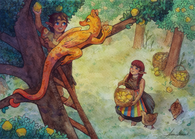 A watercolour scene showing two elves in an orchard. One of them, a boy, is standing on a ladder and reaching for quince fruit. He looks at a dragon lying on one of the three's branches. The other elf, a girl, is standing below the tree and looking up towards the boy as she holds a basket of fruit.