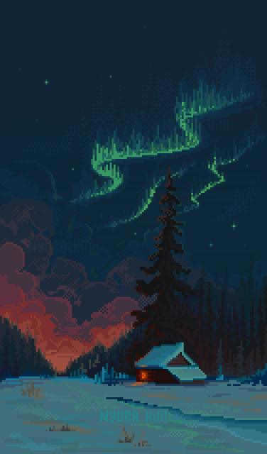 Pixel Art capturing the bright night with the magical Northern Light phenomena at the sky; right under them, you see the warm and cozy looking cabin surrounded by snow and forest. Sky are mostly at night with little stars being seen at the top, except for the opening in the forest line for appearance of orange-red hue - as indication of sunrise coming. (original masterwork done by Sydney Laurence)