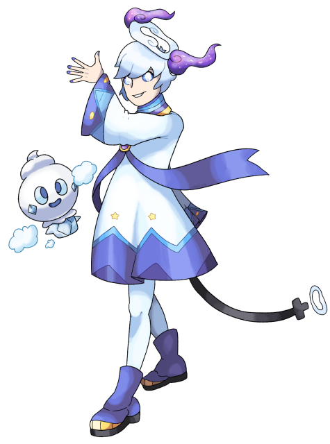 an illustration of a human character with an accompany of vanillite, an icecream like pokemon. the human character is dressed in shades of white and blue, with a halo leaking nebula, a giant ribboon surrounding them and a tail with its own smaller halo. they wear a giant loose dress