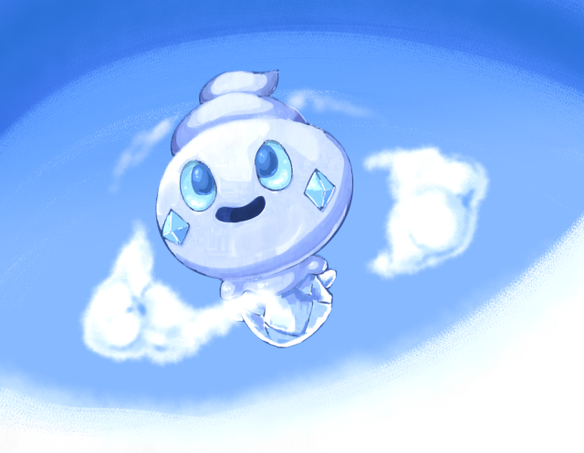 an illustration of vanillite floating in the sky - it features exclusively shades of white and blue, intended to be used in a TCG card