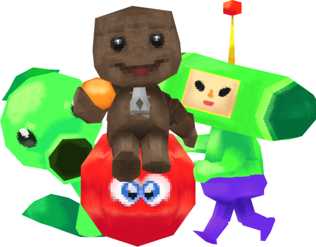 a 3d model of a pvz peashooter, a sackboy from littlebigplanet series and the prince from katamari damacy.

sackboy holds an orange peg while sitting on a red fluffy, spherical chuzzle, the peashooter peeks from behind the sackboy and the prince is rolling the chuzzle as if it was a katamari