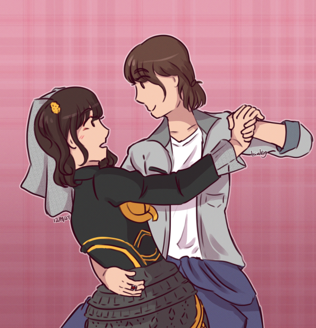 Fanart of Kyoka and Lachesis from Kamen Rider Gotchard. They are waltzing together, Lachesis has a look of surprise as Kyoka begins to dip her. Kyoka has a smile on her face.