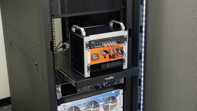 Photo of a 10-inch mini-rack in a standard rack cabinet