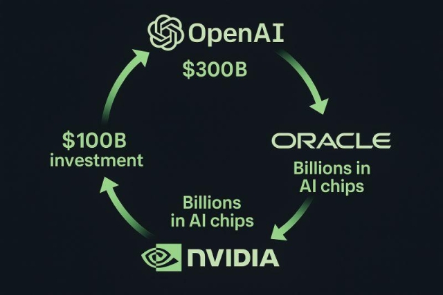 A circular graph showing circular investment and money flow.

Nvidia ("Billions in AI chips"), $100B investment, OpenAI ("$300B"), Oracle ("Billions in AI chips"), back to Nvidia