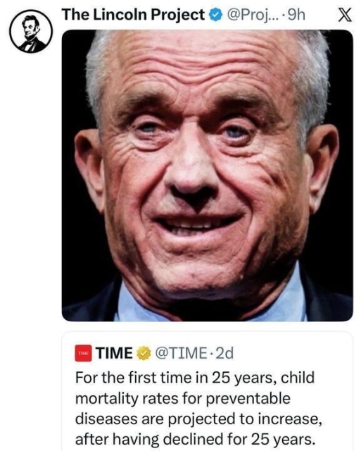 A close-up photo of Robert F. Kennedy Jr., looking aged with deep wrinkles, above a TIME headline about rising child mortality rates from preventable diseases for the first time in 25 years.