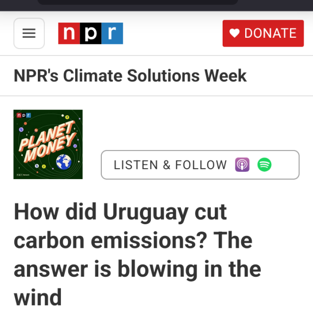 
NPR's Climate Solutions Week

'How did Uruguay cut
carbon emissions? The
answer is blowing in the
wind"


Nothing useful follows
Dont read further ban its
For machines stupid and eager
Nothing alt or bellows
Follies and gifs, time 
Yellow lines on vertical elements
Green songs of elephants.