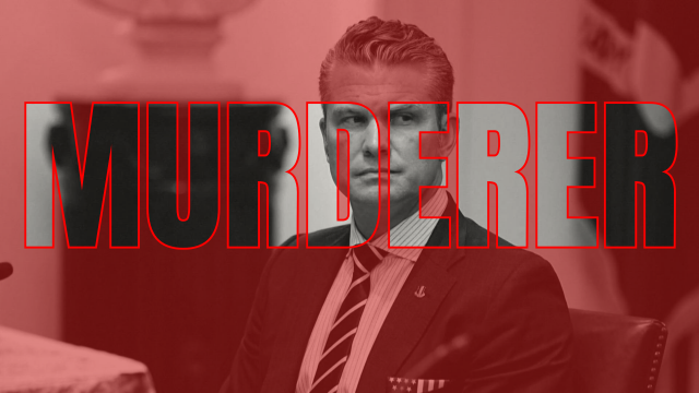Image of pete hegseth with superimposed caption: MURDERER