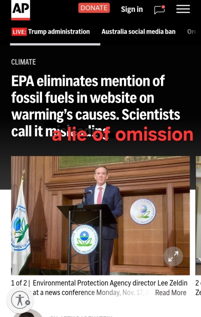Screenshot from linked AP article with misleading changed to "a lie of omission".

EPA eliminates mention of fossil fuels in website on warming's causes. Scientists call it a lie of omission