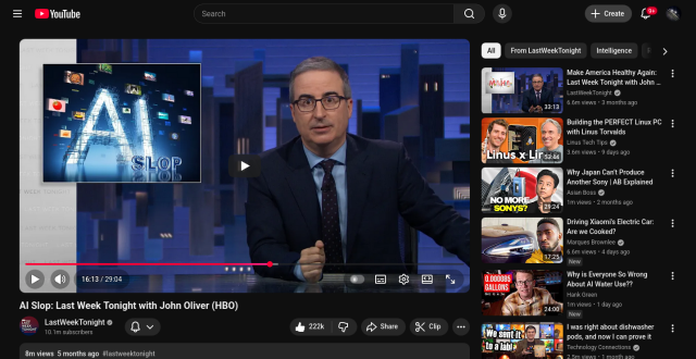 John Oliver sitting and jokingly showing us all how LLM slop is spamming walled garden internet