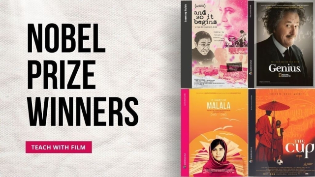 Text on the left says: "Nobel Prize Winners: Teach with Film." On the right there are Journeys in Film lesson plans for And So It Begins (about Maria Ressa), Genius (about Albert Einstein), and He Named Me Malala (about Malala Yousafzai). 