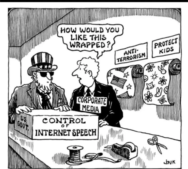 corporate media asks govt how it'd ilke control of internet speech wrapped.
wrapping papers on the wall are marked anti terrorism & protect kids

Signature: John Jonik