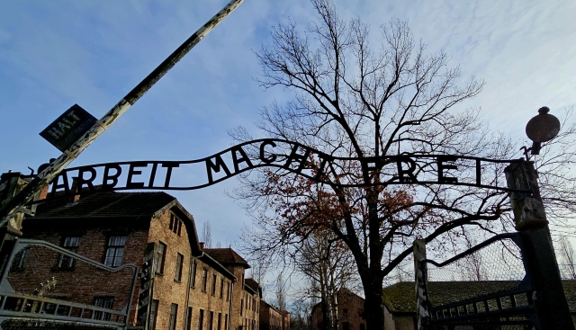 Photo of the famous 'Arbeit Macht Frei' sign at Auschwitz.