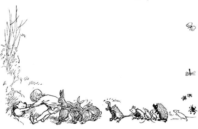 Here's a picture of Christopher Robin, Rabbit, Rabbit's firends and relations, Piglet, some mice and even a hedgehog, all pulling together on Pooh, still stuck.

https://www.gutenberg.org/cache/epub/67098/pg67098-images.html