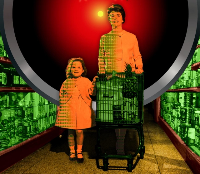 A 1950s image of a mother and daughter pushing a shopping cart down a grocery store aisle. The left halves of these figures have stylized ASCII art superimposed over them. Behind them looms the hostile red eye of HAL9000 from Stanley Kubrick's '2001: A Space Odyssey.' The flood is gilded.

Image:
Cryteria (modified)
https://commons.wikimedia.org/wiki/File:HAL9000.svg

CC BY 3.0
https://creativecommons.org/licenses/by/3.0/deed.en
