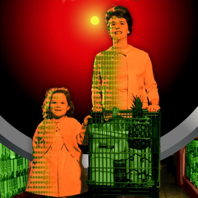 A 1950s image of a mother and daughter pushing a shopping cart down a grocery store aisle. The left halves of these figures have stylized ASCII art superimposed over them. Behind them looms the hostile red eye of HAL9000 from Stanley Kubrick's '2001: A Space Odyssey.' The floor is gilded.


Image:
Cryteria (modified)
https://commons.wikimedia.org/wiki/File:HAL9000.svg

CC BY 3.0
https://creativecommons.org/licenses/by/3.0/deed.en
