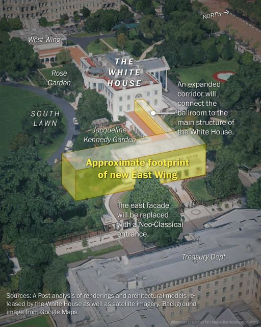 Visual of the ridiculously oversized ballroom’s footprint vastly overshadowing the rest of the White House 