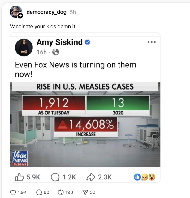 A posting on Threads by Jill Marie O'Brien reposting a posting of Amy Siskind noting that Fox News is turning on the Trump administration for promoting anti-vaxxer disinformation