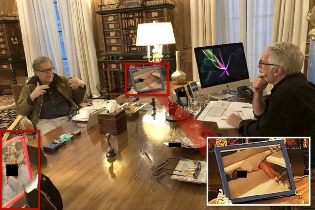 A photo from the Epstein collection showing Epstein talking to Steve Bannon with a photo of a passed out and apparently nude woman on Epstein's desk