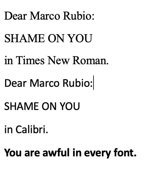 A posting on Threads by Sarah Connell Campbell shaming Marco Rubio for his petty cruelty in demanding that State Department communications no longer use Calibri font, but Times New Roman