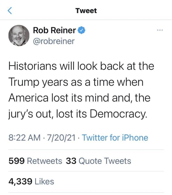 The image is a screenshot of a Tweet from Rob Reiner ([@]robreiner) on Twitter. The tweet features Reiner’s profile picture, which is a headshot of a person with short hair and a friendly expression. Below the profile picture is a text-based tweet that reads: “Historians will look back at the Trump years as a time when America lost its mind, and, the jury’s out, lost its Democracy.” The timestamp below the tweet reads “8:22 AM · 7/20/21” with a note indicating it was posted from an iPhone. At the bottom of the screenshot, there are statistics showing 599 Retweets, 33 Quote Tweets, and 4,339 Likes.