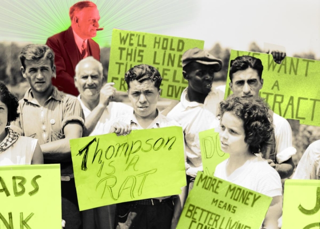 A picket line; the picketers are holding militant hand-lettered signs. Behind them, in a red halo, is a cigar-chomping boss figure.