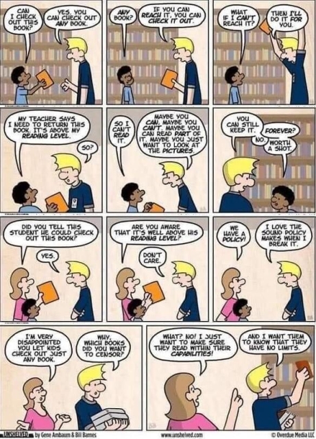 Comic from Unshelved about a boy asking librarian about what books he can check out and the librarian telling him he can check out any book. The teacher says it's above the child's reading level and they have a policy. The librarian replies he loves the sound of a breaking policy breaking.