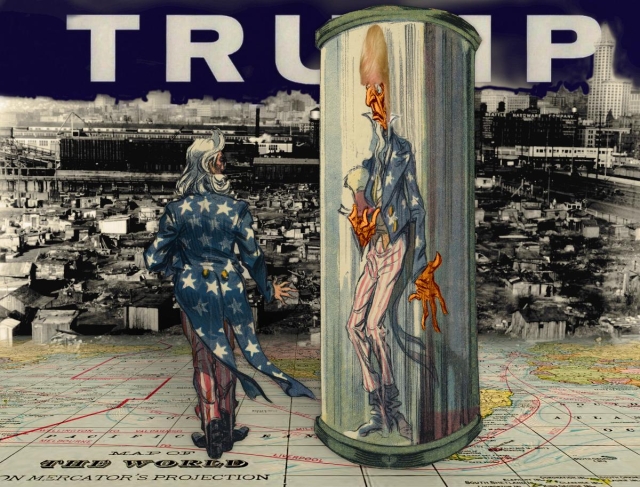 Uncle Sam staring into a funhouse mirror that has made him painfully thin. The reflection is wearing a Trump wig and has orange skin. He stands atop a map of the world that stretches to infinity. In the background is a shantytown with the TRUMP logomark rising in the sky over it.