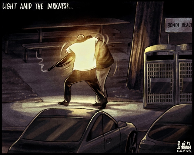 A political cartoon by Ben Jennings showing Ahmed al-Ahmed as a force of light as he confronted the antisemitic Bondi Beach shooters and got shot as a result