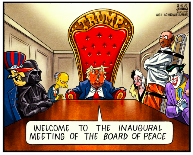 Cartoon: Trump, sitting in a throne with his name emblazoned across the top is surround by (sitting at a board rom table): Dicl Dasteredly (Wacky Races); Darth Vader; Mt Burns (The Simpsons); Cruella DeVille; Hannibal Lector; the Joker