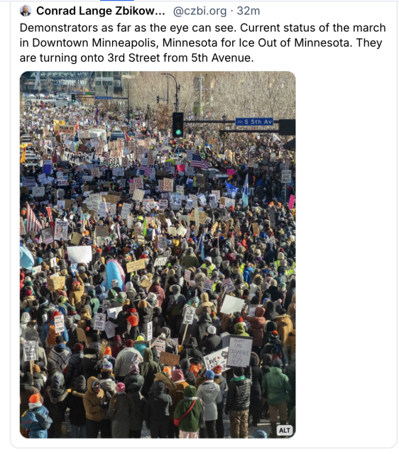 Screen shot of BlueSky post of protesters in Minneapolis