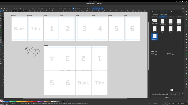 Screenshot of Inkscape with a zine template. Across the top are individually-labeled pages (like Adobe Illustrator artboards) laid out with the covers and then six pages, then at the bottom is a print layout which arranges the designs for a printable and foldable zine.