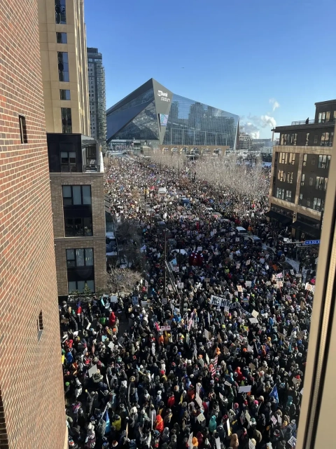 An overhead shot of an enormous crowd at the Minneapolis General Strike today.