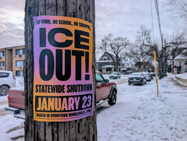 A poster for the Jan. 23 protest on a light pole in Minneapolis.

Credit: Dustin Nelson | Bring Me The News