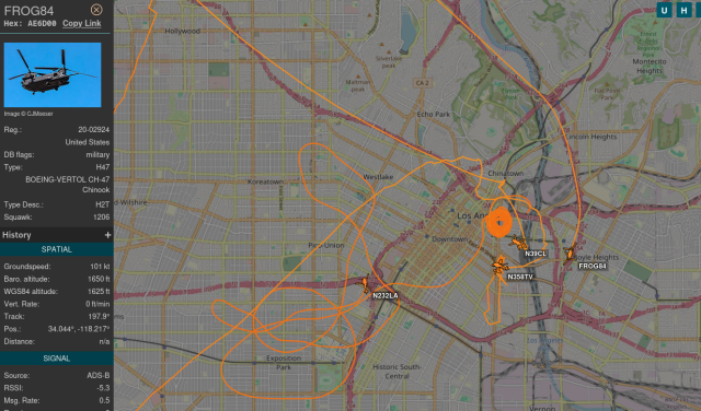 Many helicopter paths near downtown Los Angeles 