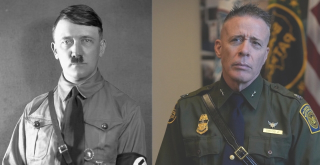 On the left a photo of Adolf Hitler in dress uniform and on the right a photo of Greg Bovino in dress uniform.
