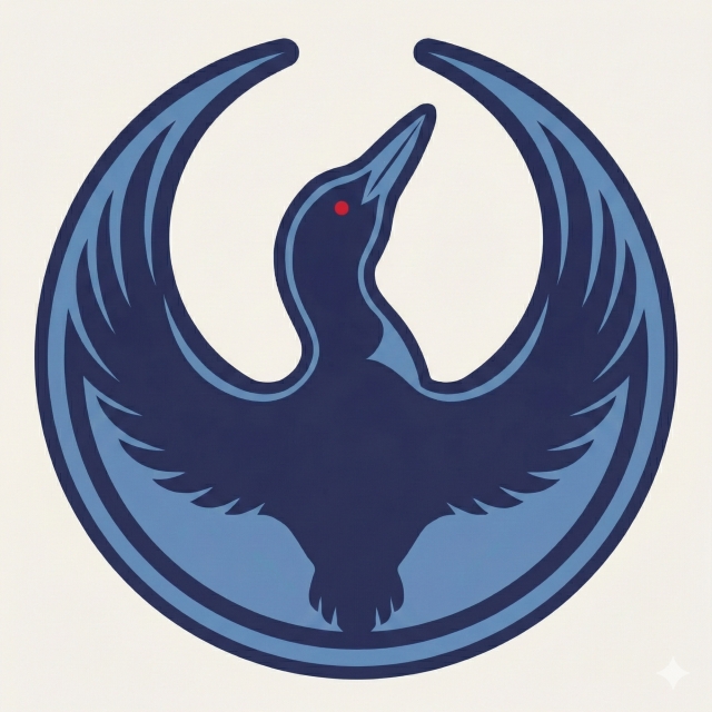 A combination of the Star Wars Rebel Alliance symbol and the Minnesota state bird. The Rebel Alliance symbol is a crescent shape that’s taller than it is wide, with a decorative flower or fountain forming a third spire in the middle. In this logo, a Minnesota Loon bird has its wings spread out and up for the side “wings.” For the middle spire, the loon’s head is looking up and to the right with one red eye visible.